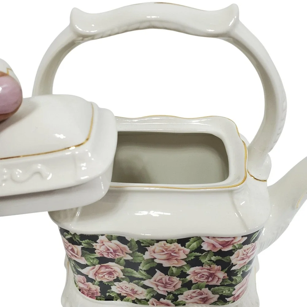 Crown Dorset Teapot Staffordshire England Pink Rose Black‎ Floral Gold Gilt Trim